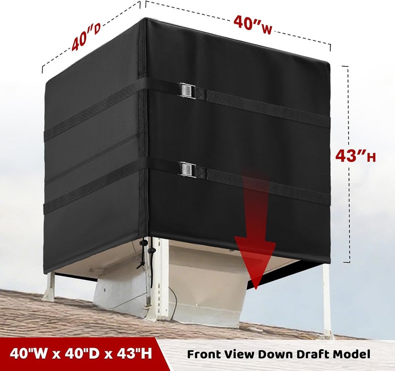SUNICO Down Draft Swamp Cooler Cover, Waterproof and Windproof Rooftop Evaporative Cooler Cover with 2 Metal Buckles Adjustable Straps 40"W x 40"D x 43"H - Black - Image 2